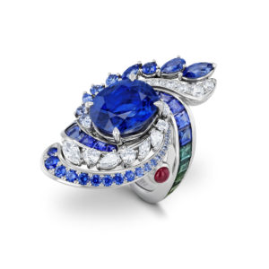 Ring "BLUE LAGOON" in Platin 950 mit Saphiren und Diamanten.